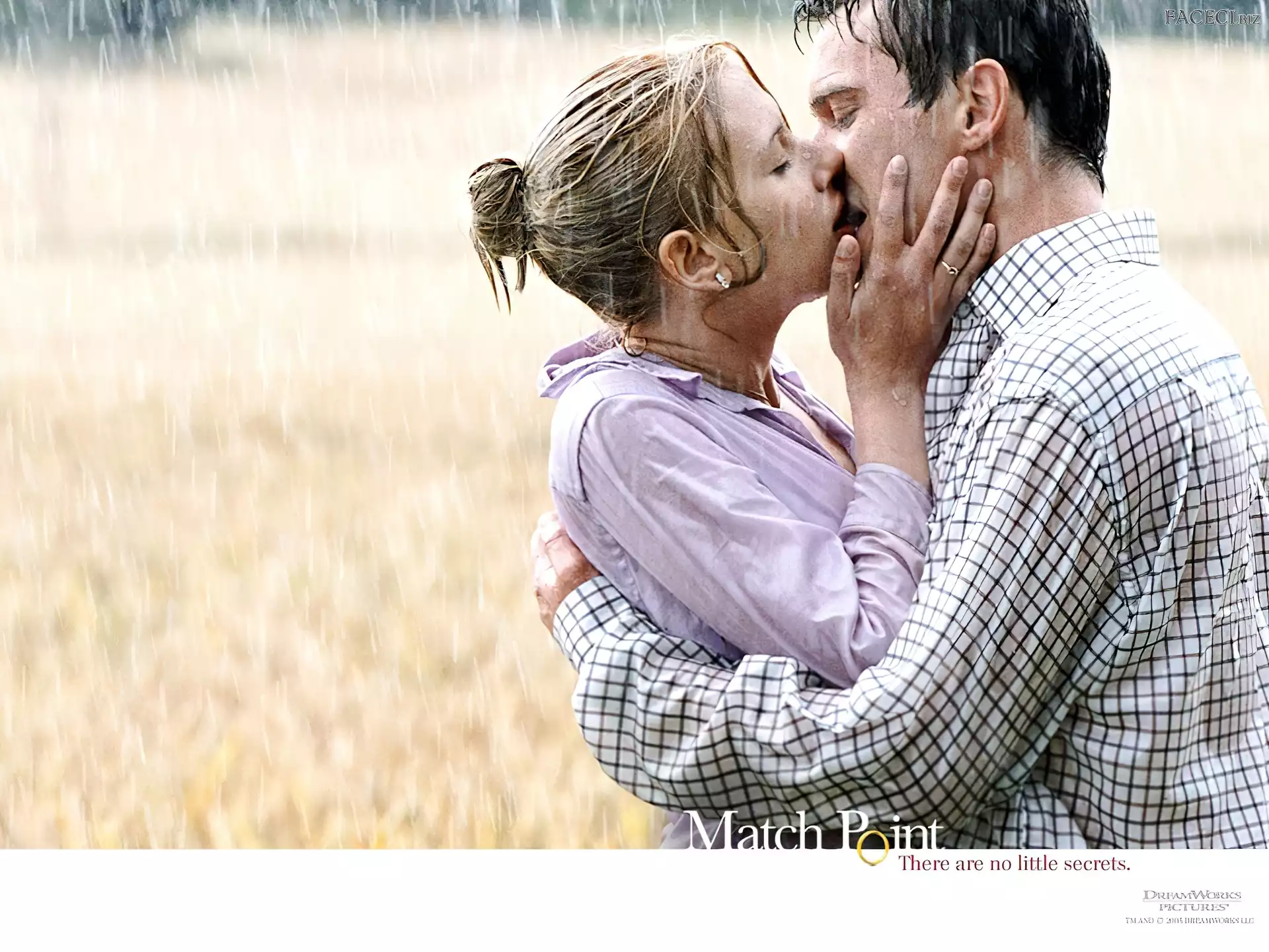 pole, Match Point, pocałunek, Jonathan Rhys-Meyers, deszcz, Scarlett Johansson
