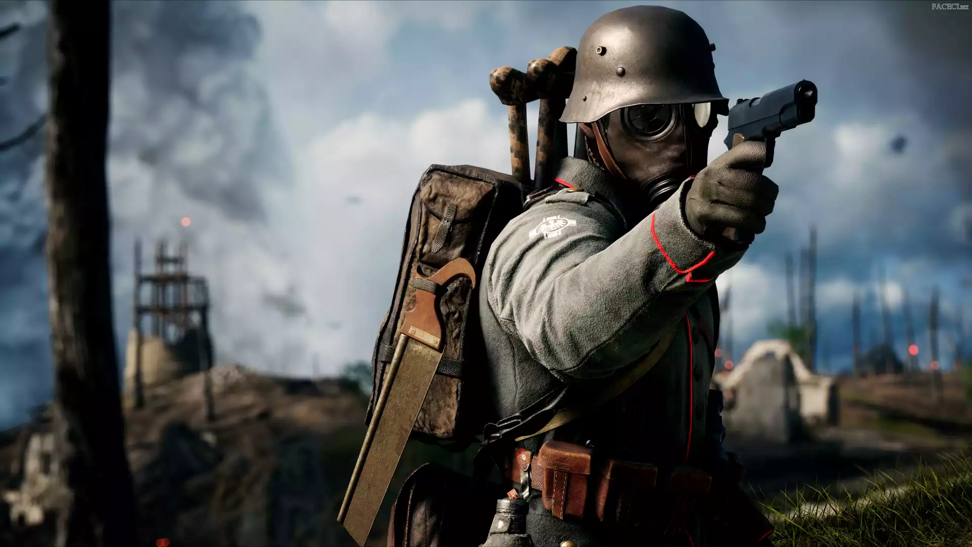 Maska przeciwgazowa, Mundur, Gra, Hełm, Pistolet, Żołnierz, Battlefield 1, Plecak